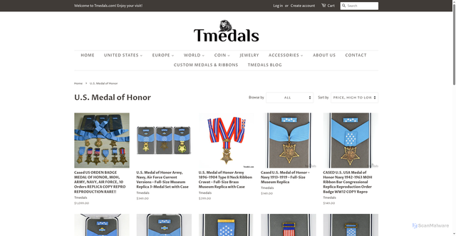 Security scan screenshot of https://tmedals.com/collections/u-s-medal-of-honor?srsltid=AfmBOoqUl983miBOUVQGPAESq9a-NfO7Q3ZwWEiG9bWTG6nXv3UHbW78