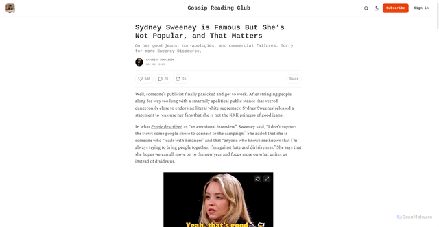 Security scan screenshot of https://gossipreadingclub.substack.com/p/sydney-sweeney-is-famous-but-shes