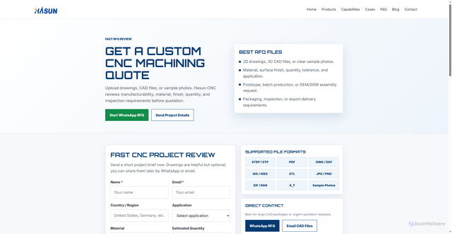 Security scan screenshot of https://hasuncnc.pages.dev/request-quote?utm_source=precision-machining&utm_medium=organic-landing&utm_campaign=drawing-rfq