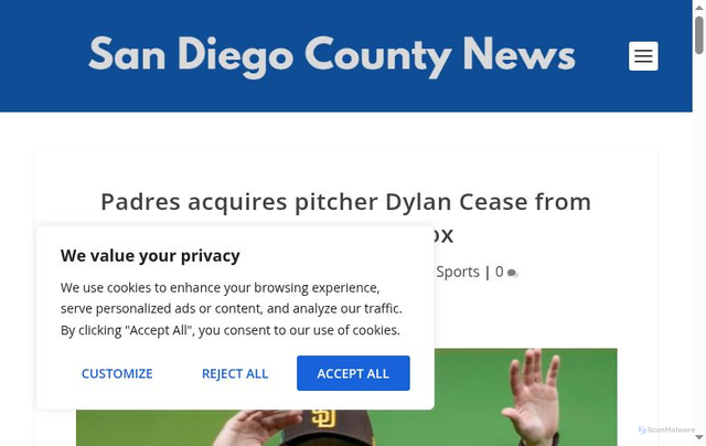 Security scan screenshot of https://sandiegocountynews.com/sports/padres-acquires-pitcher-dylan-cease-from-chicago-white-sox/