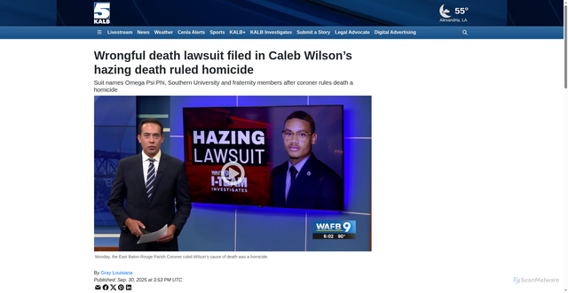 Security scan screenshot of https://www.kalb.com/2025/09/30/wrongful-death-lawsuit-filed-caleb-wilsons-hazing-death-ruled-homicide/