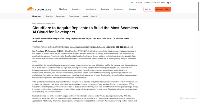 Security scan screenshot of http://185.153.181.46.nip.io/press/press-releases/2025/cloudflare-to-acquire-replicate-to-build-the-most-seamless-ai-cloud-for-developers/
