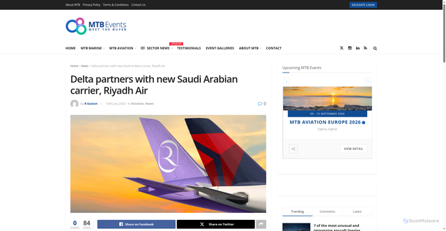 Security scan screenshot of https://www.mtbevents.com/news/delta-partners-with-new-saudi-arabian-carrier-riyadh-air/
