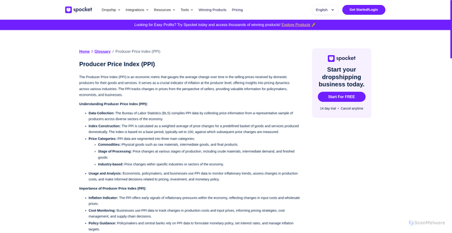 Security scan screenshot of https://www.spocket.co/glossary/producer-price-index-ppi