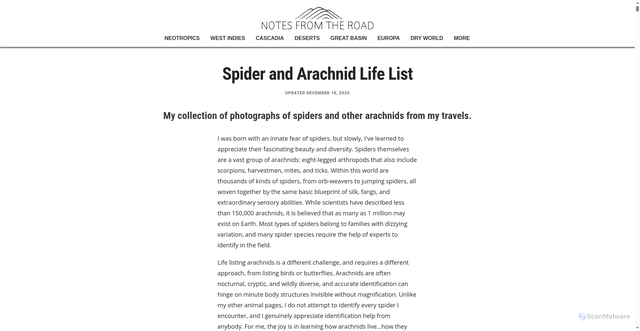 Security scan screenshot of https://www.notesfromtheroad.com/about/spiders-and-arachnids.html