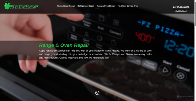 Security scan screenshot of https://appleapplianceservice.com/appliance-repair/ranges-ovens
