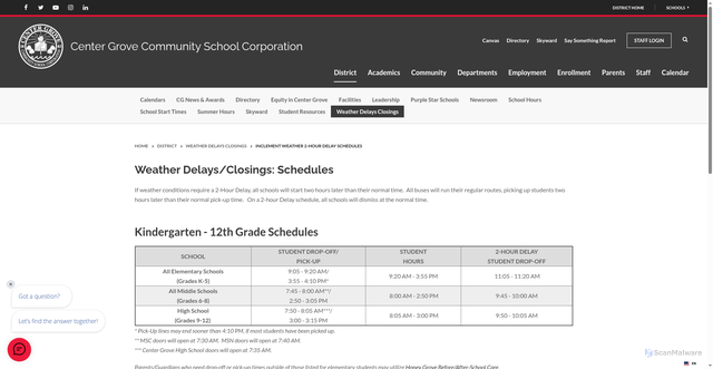 Security scan screenshot of https://www.centergrove.k12.in.us/district/weather-delays-closings/inclement-weather-2-hour-delay-schedules