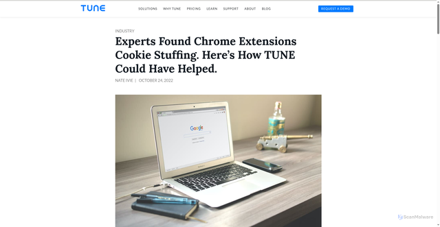 Security scan screenshot of https://www.tune.com/blog/experts-found-chrome-extensions-cookie-stuffing-heres-how-tune-could-have-helped/