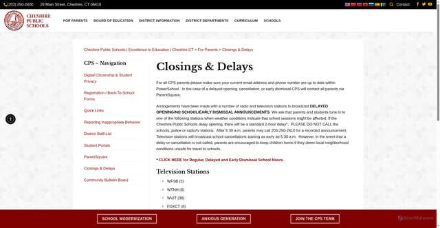 Security scan screenshot of https://www.cheshire.k12.ct.us/for-parents/closings-delays/