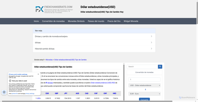 Security scan screenshot of https://es.fxexchangerate.com/usd/