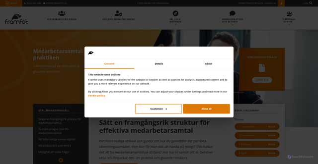 Security scan screenshot of https://www.framfot.se/ledarskapsutbildning/medarbetarsamtal-i-praktiken/