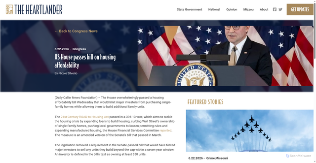 Security scan screenshot of https://heartlandernews.com/2026/05/22/us-house-passes-bill-on-housing-affordability/