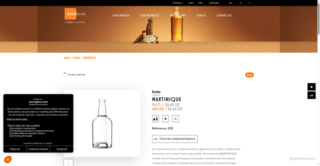 Security scan screenshot of https://www.saverglass.com/en/our-products/catalog-spirits/martinique-2367-oz-plate-bouchon-tete-29