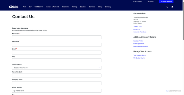 Security scan screenshot of https://www.unitedrentals.com/customer-care/contact-us