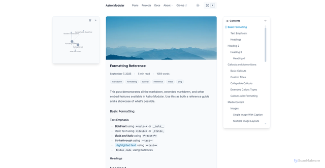 Security scan screenshot of https://astro-modular-sandbox.pages.dev/posts/formatting-reference