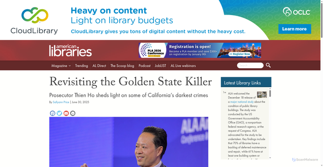 Security scan screenshot of https://americanlibrariesmagazine.org/blogs/the-scoop/revisiting-the-golden-state-killer/