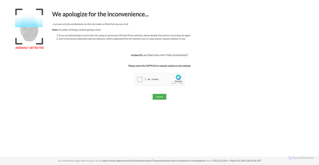Security scan screenshot of https://validate.perfdrive.com/?ssa=3da19e10-6f39-4689-9d83-e1c8c2891f66&ssb=75182251349&ssc=https%3A%2F%2Fwww.regione.marche.it%2FAmministrazione-Trasparente%2FInterventi-straordinari-e-di-emergenza%2F&ssi=adc29d63-d3ou-44c9-958d-162eb4a5bd57&ssk=botmanager_support@radware.com&ssm=36606825415543199107920473296626&ssn=ed0c79c4862b0bcc3f1e869d4db986e0809f5f04a174-3155-4348-862534&sso=3a4d1f91-26626161f88636d35ac8a19f578f30e45b9e10461f47b571&ssp=07166217621772396130177234701280241&ssq=49579865392119988875353921751817110402576&ssr=MTc4LjYzLjE2LjIyNA==&sst=Mozilla/5.0%20(Windows%20NT%2010.0;%20Win64;%20x64)%20AppleWebKit/537.36%20(KHTML,%20like%20Gecko)%20Chrome/124.0.0.0%20Safari/537.36&ssu=&ssv=&ssw=&ssx=eyJyZCI6InJlZ2lvbmUubWFyY2hlLml0IiwiX191em1mIjoiN2Y5MDAwNWYwNGExNzQtMzE1NS00MzQ4LThmOTEtMjY2MjYxNjFmODg2MS0xNzcyMzUzOTIxMTI5MC0wMDIyMTI1NzBlOThlNGRmYmUyMTAiLCJ1em14IjoiN2Y5MDAwMzgwZjc1MjEtM2MwMi00MjY4LWJiMmItNmQ1MWNkYjczMmZiMS0xNzcyMzUzOTIxMTI5MC01N2Q2MWI4MDQxYmRiYjg2MTAifQ==