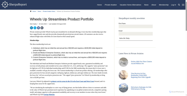 Security scan screenshot of https://www.sherpareport.com/aircraft/wheels-up-streamlines-products.html