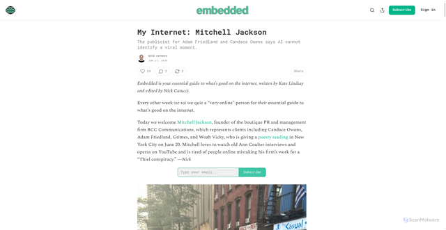 Security scan screenshot of https://embedded.substack.com/p/my-internet-mitchell-jackson