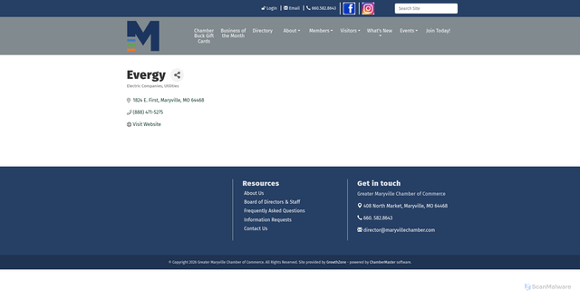 Security scan screenshot of https://www.maryvillechamber.com/list/member/evergy-5928