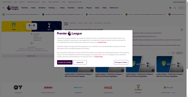 Security scan screenshot of https://www.premierleague.com/en/match/2210537