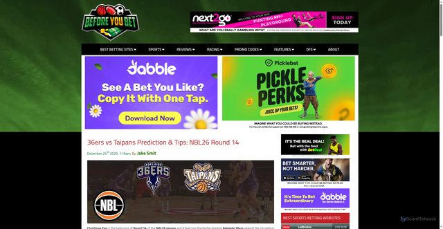 Security scan screenshot of https://www.beforeyoubet.com.au/36ers-vs-taipans-prediction-tips-nbl26-round-14