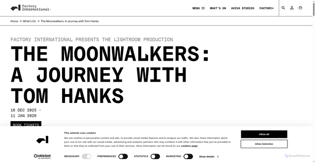 Security scan screenshot of https://factoryinternational.org/whats-on/the-moonwalkers-a-journey-with-tom-hanks/
