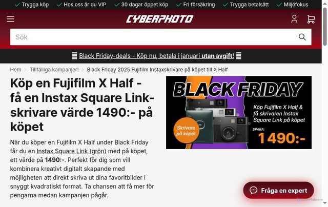 Security scan screenshot of https://www.cyberphoto.se/kampanjer/black-friday-2025-fujifilm-instaxskrivare-pa-kopet-till-x-half