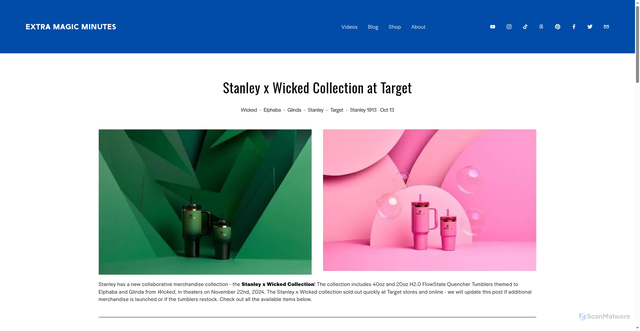Security scan screenshot of https://www.extramagicminutes.com/fandom-merch/wicked-stanley-target-collection-2024