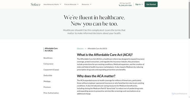 Security scan screenshot of https://www.solace.health/glossary/affordable-care-act