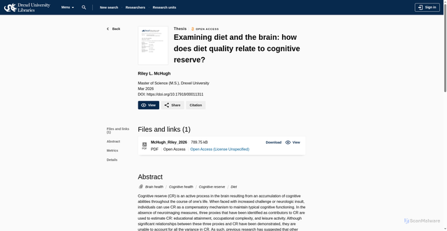 Security scan screenshot of https://researchdiscovery.drexel.edu/esploro/outputs/graduate/Examining-diet-and-the-brain-how/991022170152804721