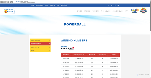 Security scan screenshot of https://www.lottery.nd.gov/public/games/PowerballWinningNumbers