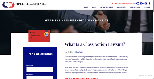 Security scan screenshot of https://www.shapirolegalgroup.com/what-is-a-class-action-lawsuit/