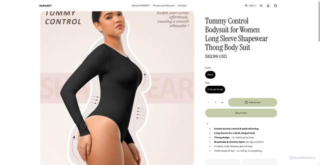 Security scan screenshot of https://aura-set.myshopify.com/products/tummy-control-bodysuit-for-women-long-sleeve-shapewear-thong-body-suit?variant=46745301385394