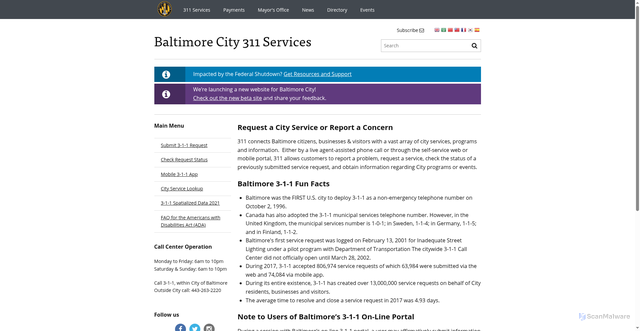 Security scan screenshot of https://311.baltimorecity.gov/