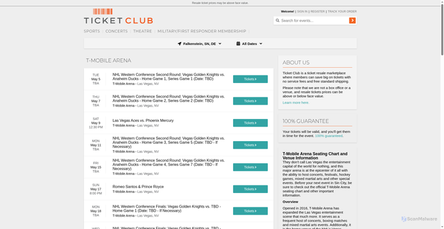 Security scan screenshot of https://www.ticketclub.com/venues/t-mobile-arena-tickets