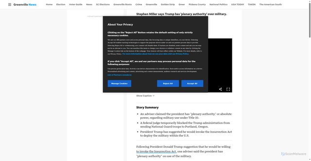 Security scan screenshot of https://www.greenvilleonline.com/story/news/2025/10/08/what-does-plenary-authority-mean-stephen-miller-trump-national-guard/86588823007/