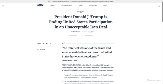 Security scan screenshot of https://trumpwhitehouse.archives.gov/briefings-statements/president-donald-j-trump-ending-united-states-participation-unacceptable-iran-deal/
