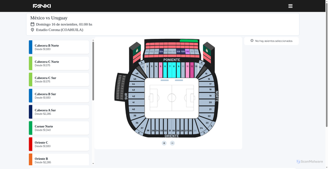 Security scan screenshot of https://fanki.com.mx/checkout/stadium/MEX_VS_AUF_151125