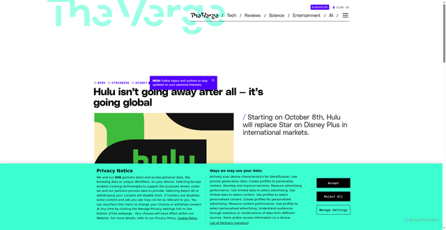 Security scan screenshot of https://www.theverge.com/news/790403/disney-plus-hulu-integration-global-expansion-update
