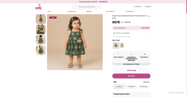 Security scan screenshot of https://kidoz.shop/Green-Pure-Cotton-Premium-Frock-Dress-For-Girls/catalogue/LjYMmyyp/_eXnUhbc