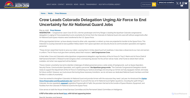 Security scan screenshot of http://crow.house.gov/media/press-releases/crow-leads-colorado-delegation-urging-air-force-to-end-uncertainty-for-air-national-guard-jobs