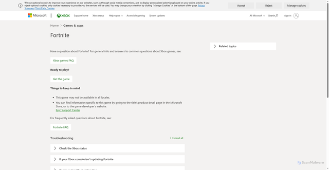 Security scan screenshot of https://support.xbox.com/en-US/help/games-apps/game-titles/fortnite-info