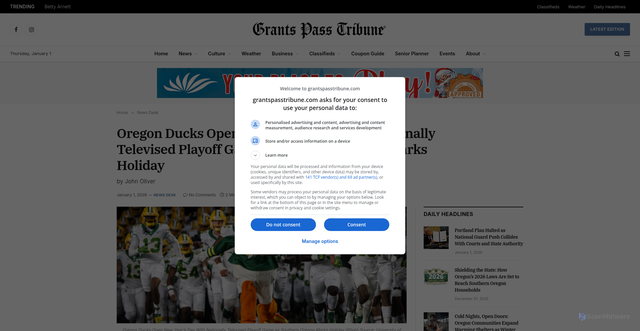 Security scan screenshot of https://www.grantspasstribune.com/oregon-ducks-open-new-years-day-with-nationally-televised-playoff-game-as-southern-oregon-marks-holiday/