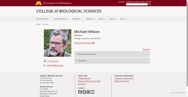 Security scan screenshot of https://cbs.umn.edu/directory/michael-wilson