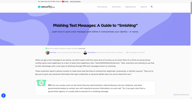 Security scan screenshot of https://www.security.org/digital-safety/scams/smishing/