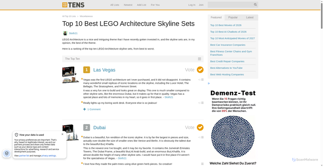 Security scan screenshot of https://www.thetoptens.com/list/lego-architecture-skyline-sets/