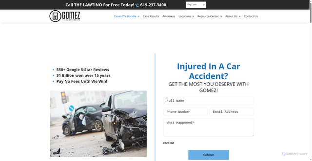 Security scan screenshot of https://www.thegomezfirm.com/san-diego-car-accident-lawyer/