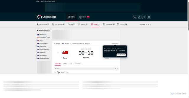 Security scan screenshot of https://www.flashscore.com.au/match/rugby/samoa-v3TDd8Q6/tonga-zZIvcSuD/