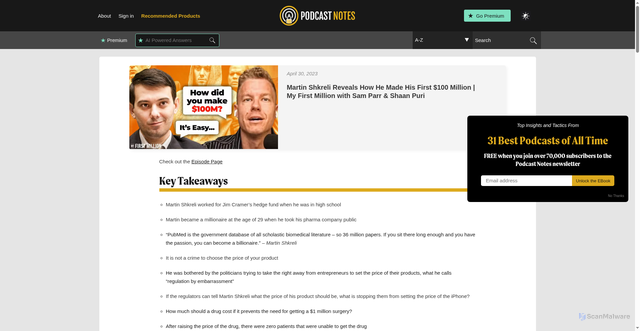 Security scan screenshot of https://podcastnotes.org/my-first-million/martin-shkreli-reveals-how-he-made-his-first-100-million-my-first-million-with-sam-parr-shaan-puri/